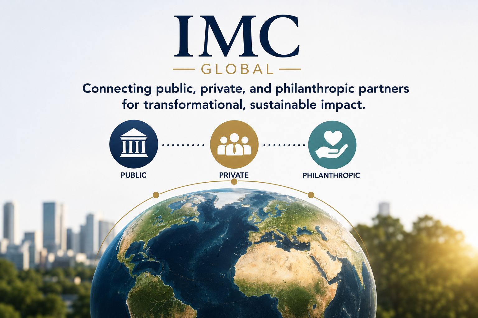 IMC Global logo with a slogan, icons representing public, private, and philanthropic sectors above a globe of Earth showing Europe, Africa, and parts of Asia, with a cityscape background.