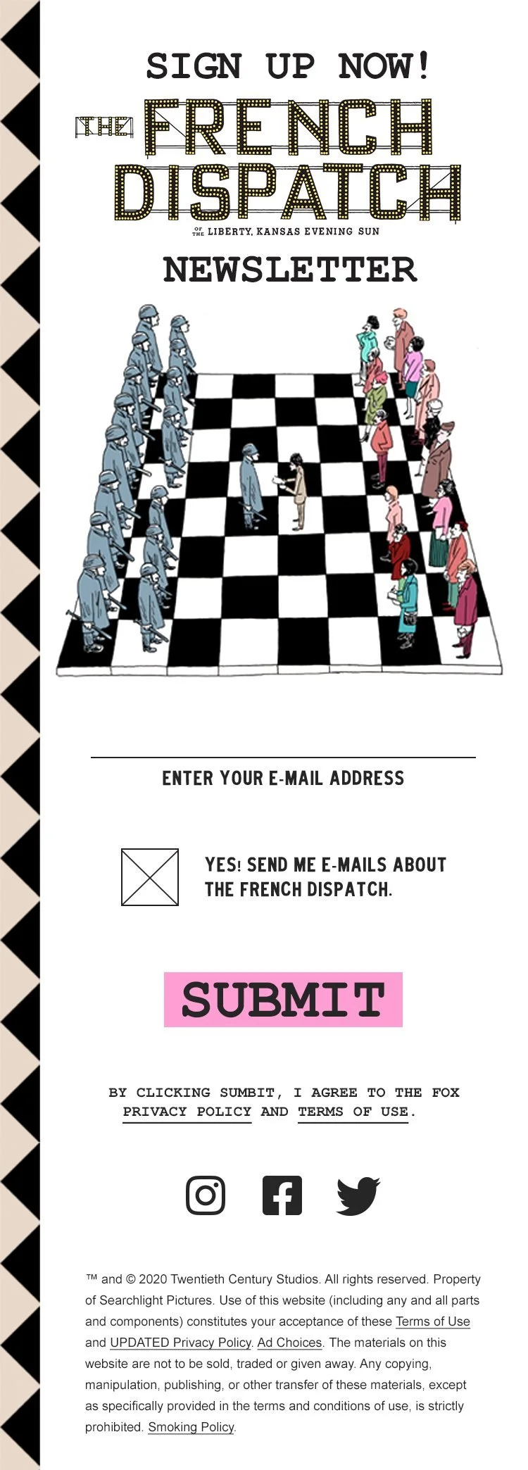Mobile sign-up page for The French Dispatch Newsletter