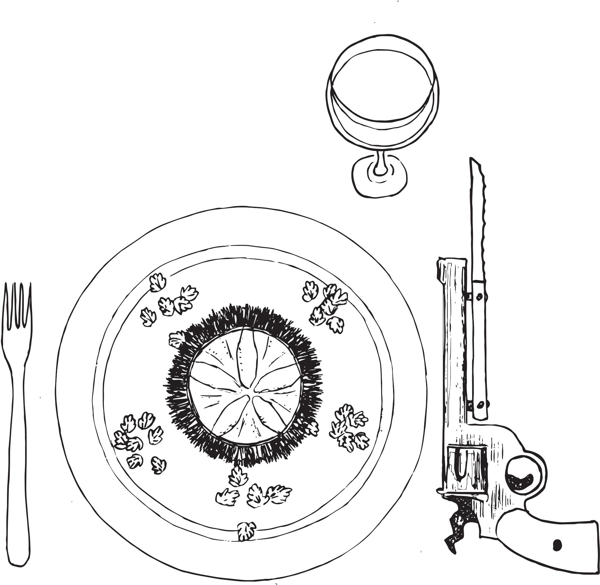 A plate with a citrus fruit slice and small leafy garnishes, a fork on the left, a gun on the right, and a glass of wine above.