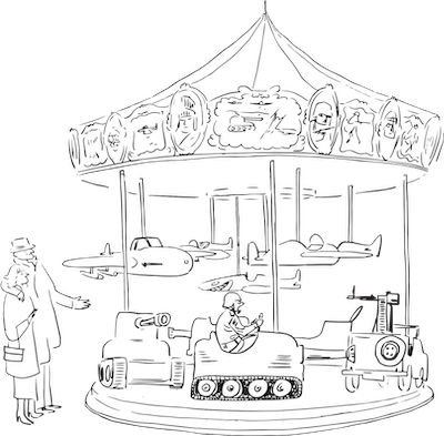 Black-and-white illustration of a small amusement park carousel with airplanes and a tank ride, with a person observing and a child riding the tank.