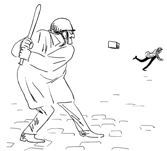 A baseball player in a batting stance with a bat, about to swing, with an umpire and a runner in the background.