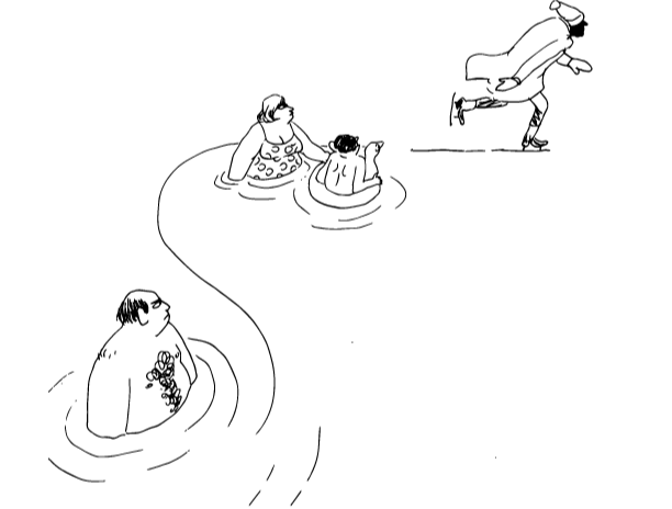 Drawing of a person in a kayak with two children, and a person in a canoe with flowers, on a lake.