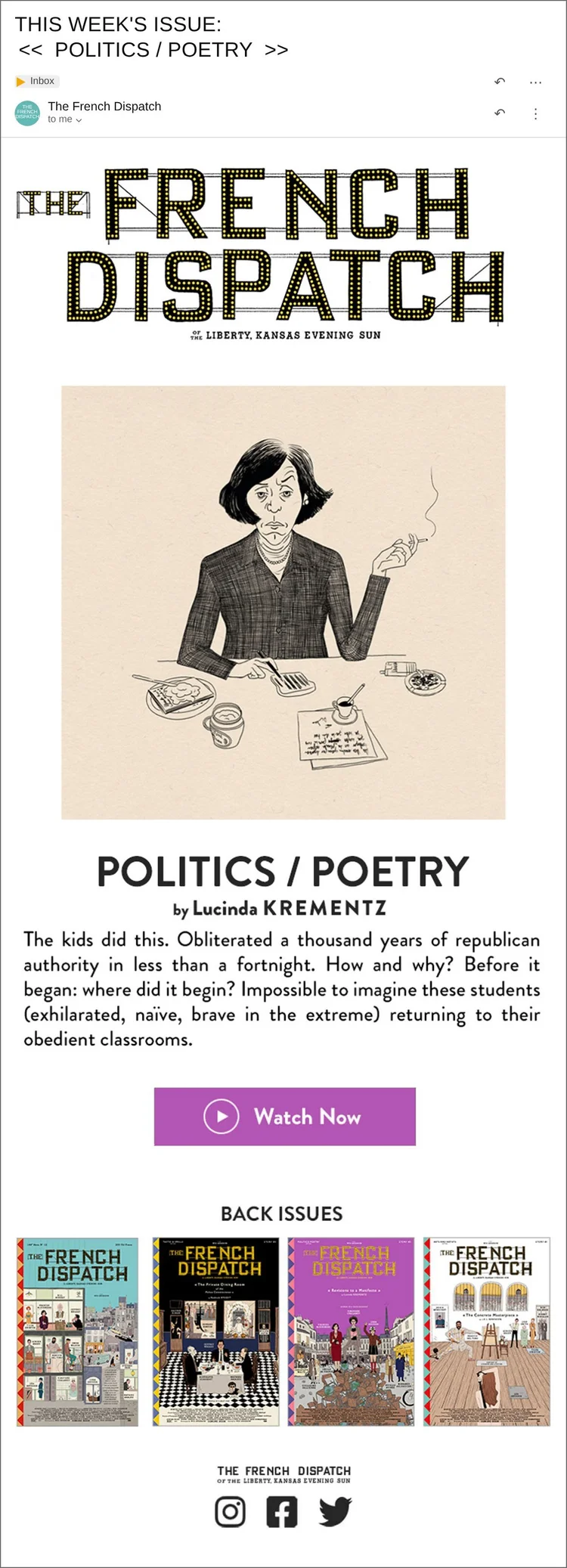 The French Dispatch newsletter: Politics / Poetry