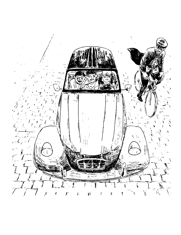 A black and white drawing of a car seen from above, with three children inside and a cyclist nearby on a cobblestone street.