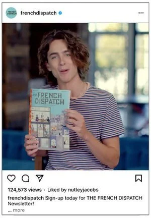 Instagram ad inviting fans to sign up for The French Dispatch Newsletter