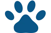 A stylized graphic of a blue paw print with five rounded shapes representing toes and a larger shape as the palm.