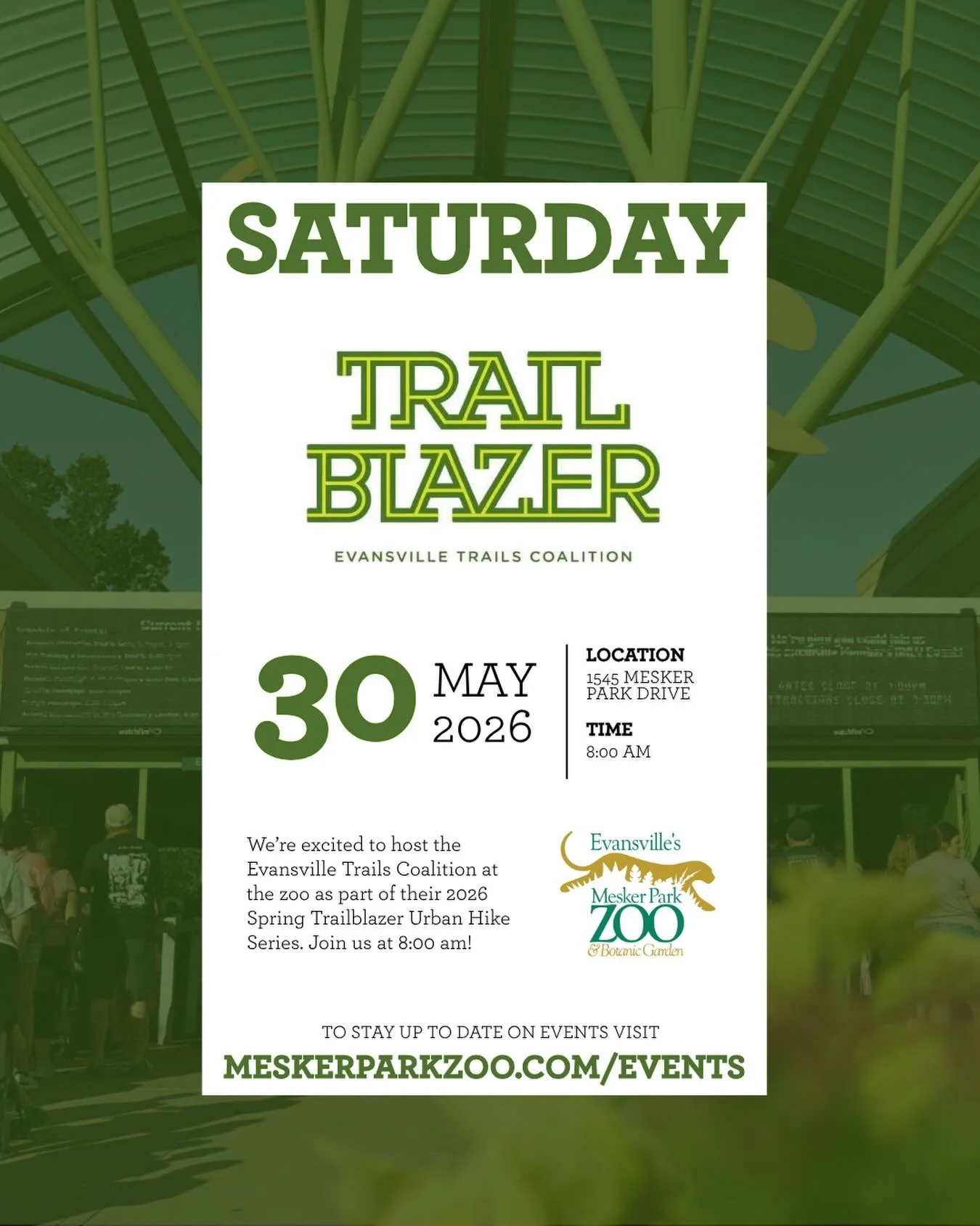 📣 THIS SATURDAY @ 8:00 AM!!

We&rsquo;re excited to host the Evansville Trails Coalition at the zoo as part of their 2026 Spring Trailblazer Urban Hike Series.

Don&rsquo;t miss this opportunity to walk around the zoo before it opens!

Check out oth