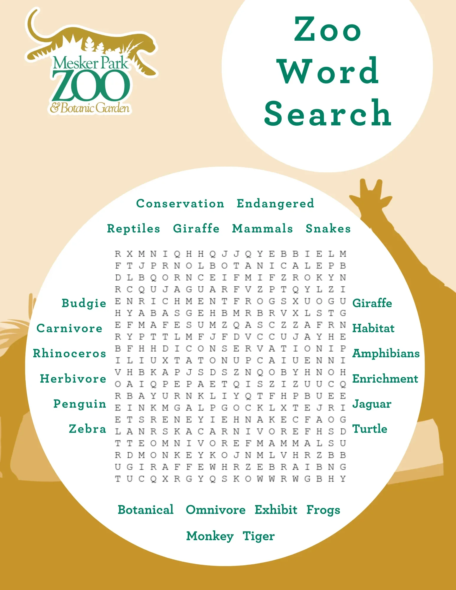 A word search puzzle themed around animals and conservation, with words like Giraffe, Habitat, Amphibians, Enrichment, Jaguar, Turtle, Botanic, Omnivore, Exhibit, Frogs, Monkey, Tiger, Zebra, Herbivore, Carnivore, Rhinoceros, and Budgie listed around a grid of letters.
