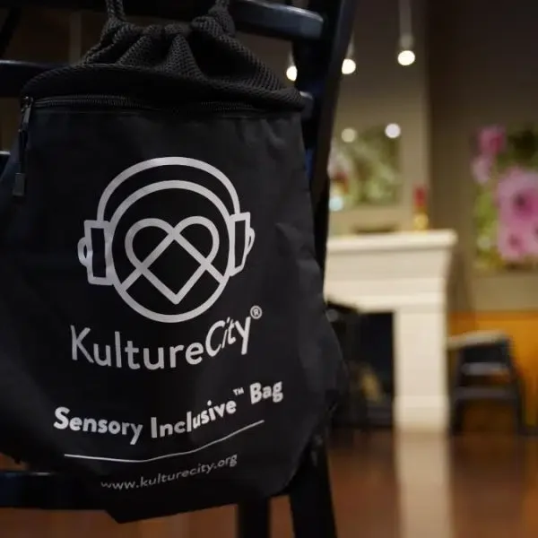 Black Kulturesry sensory inclusive bag hanging on a chair in a room with blurred background including a fireplace and pink flowers.