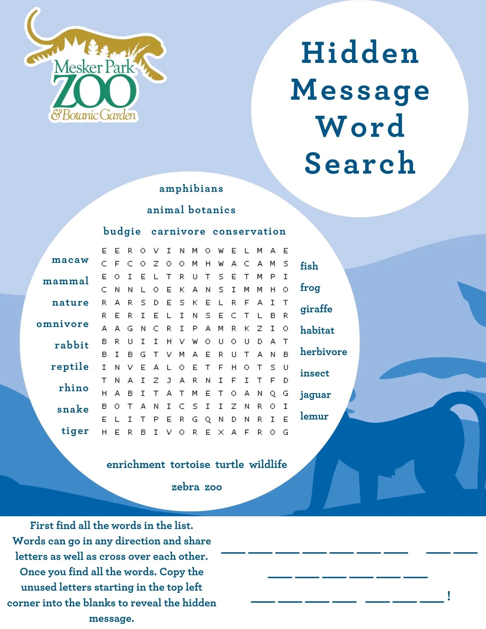 A puzzle worksheet from Mesker Park Zoo & Botanic Garden featuring a word search game with words related to animals, wildlife, and zoo themes. It includes instructions for finding hidden words and a design with animal silhouettes and a light blue background.