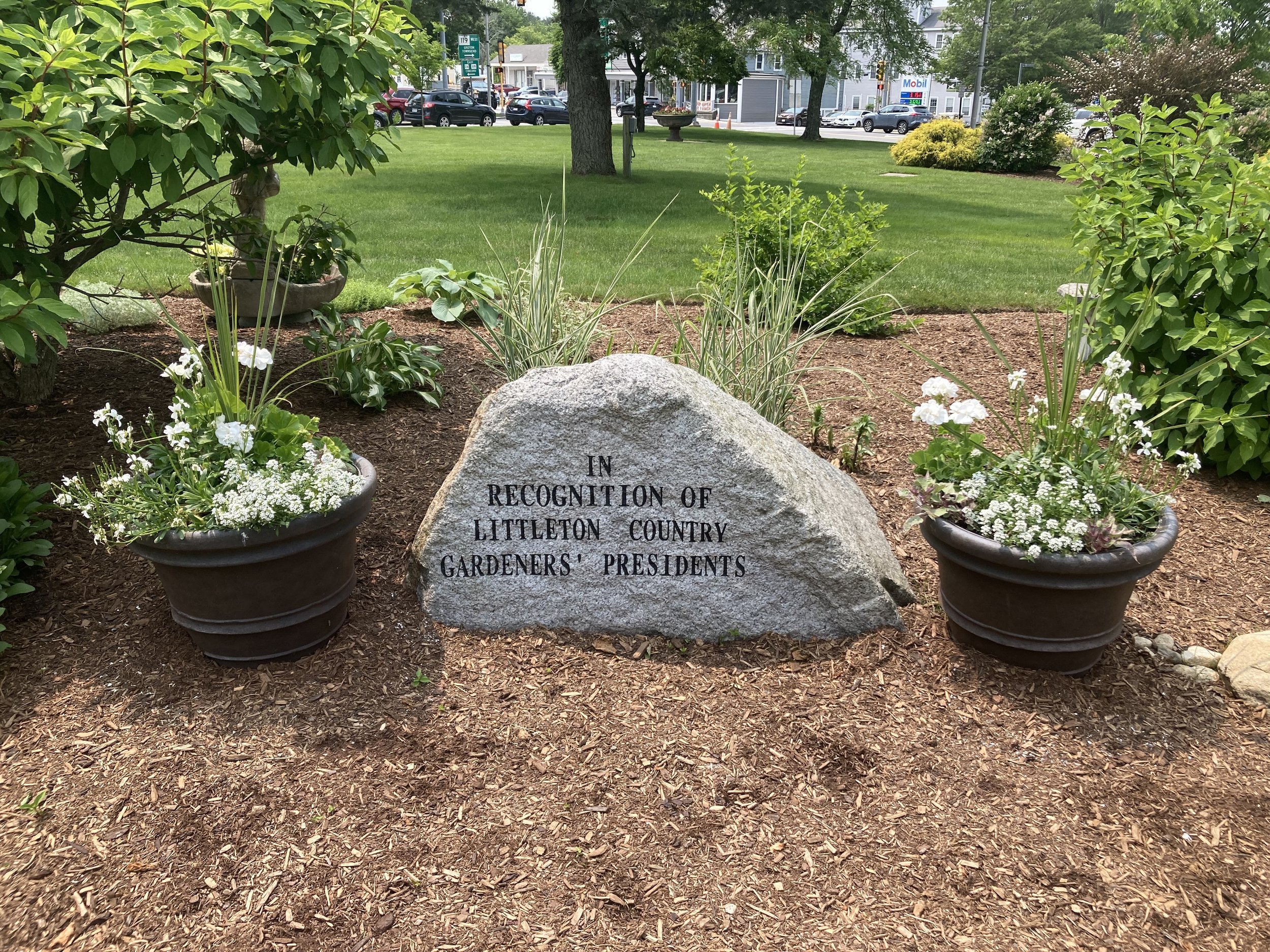 A landscaped garden with a large stone plaque in the center that reads, 'In Recognition of Littleton Country Gardeners' Presidents.' The stone is surrounded by potted white flowers and green plants, with a grassy area, trees, and a street with parked