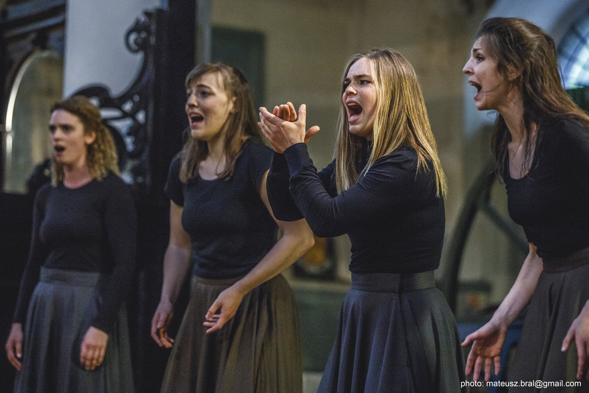 "Studying Hamlet," 2016.  MA with Teatr Piesn Kozla; with Charlotte Slater, Julie Becker, and Johanne Baadsgaard Lange; Photo by Mateusz Bral