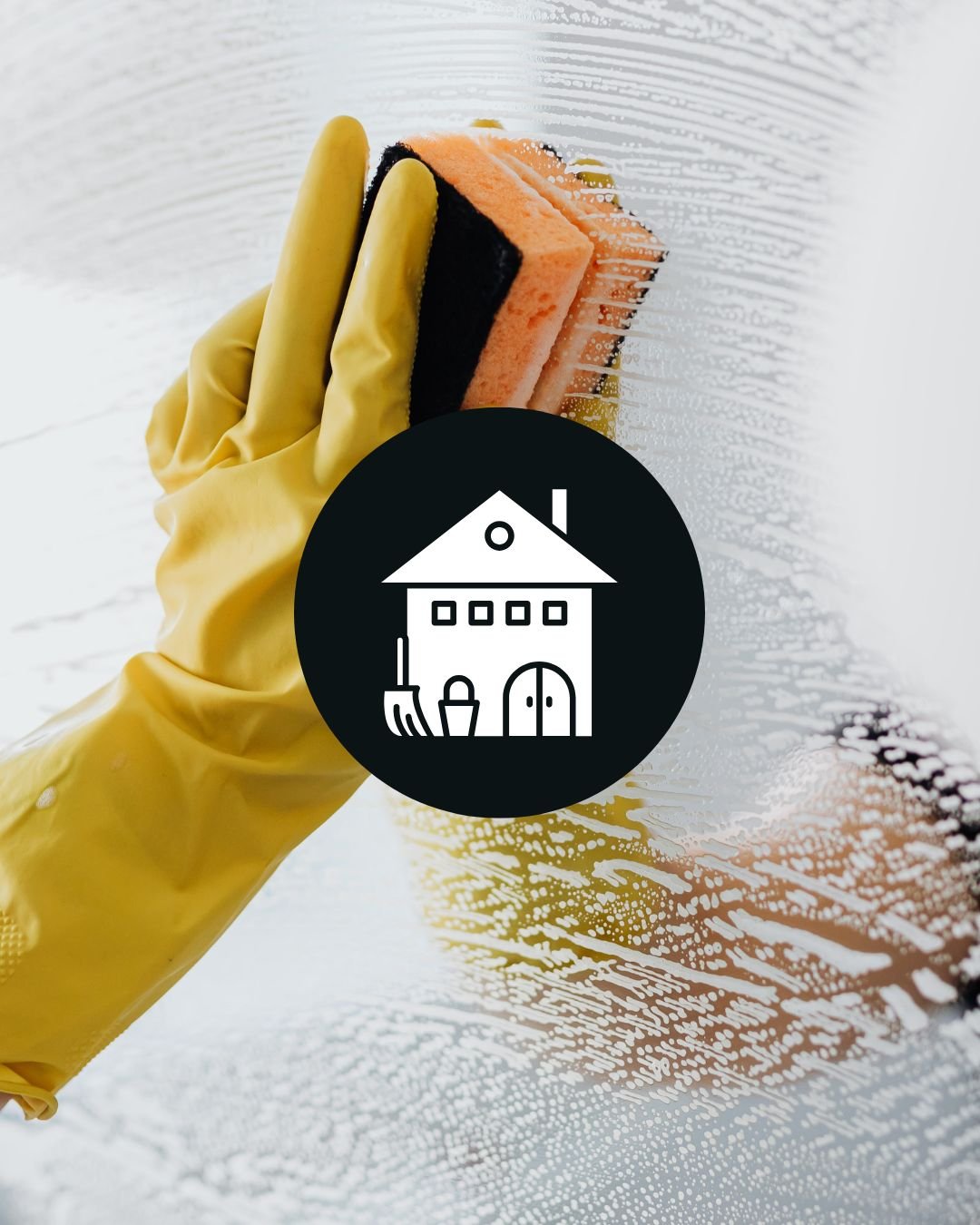 A gloved hand cleaning a glass window with a sponge that has pink, black, and yellow sides, with a black house icon overlayed.