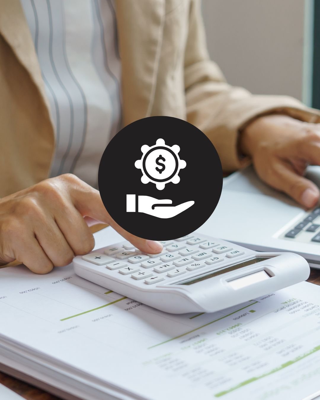 Person using calculator and laptop on desk with financial documents, with an overlay icon of a hand holding a gear with a dollar sign.