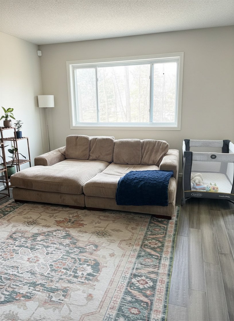 A living room with a beige sofa, a blue blanket on it, a patterned rug, a window, a floor lamp, a plant on a shelf, and a baby playpen with toys.