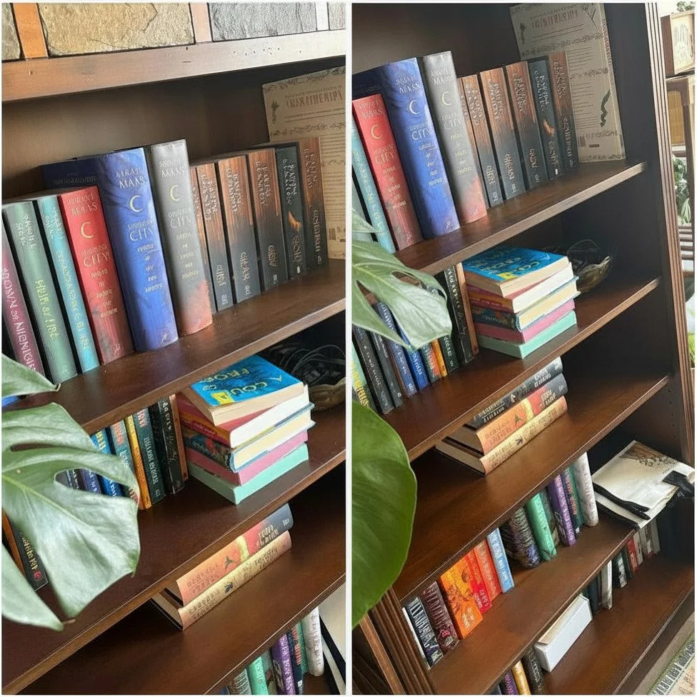 A wooden bookshelf filled with various colored books, some stacked horizontally and others standing vertically, with a leafy green plant partially covering part of the shelf.