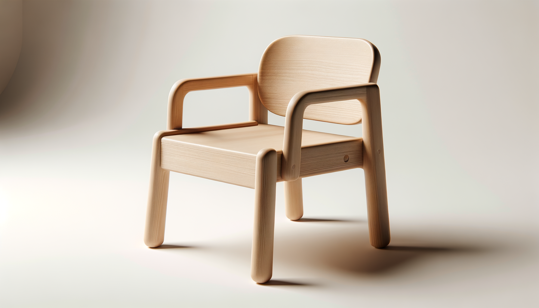 A modern, minimalist wooden chair with armrests and a straight back, set against a plain light background.