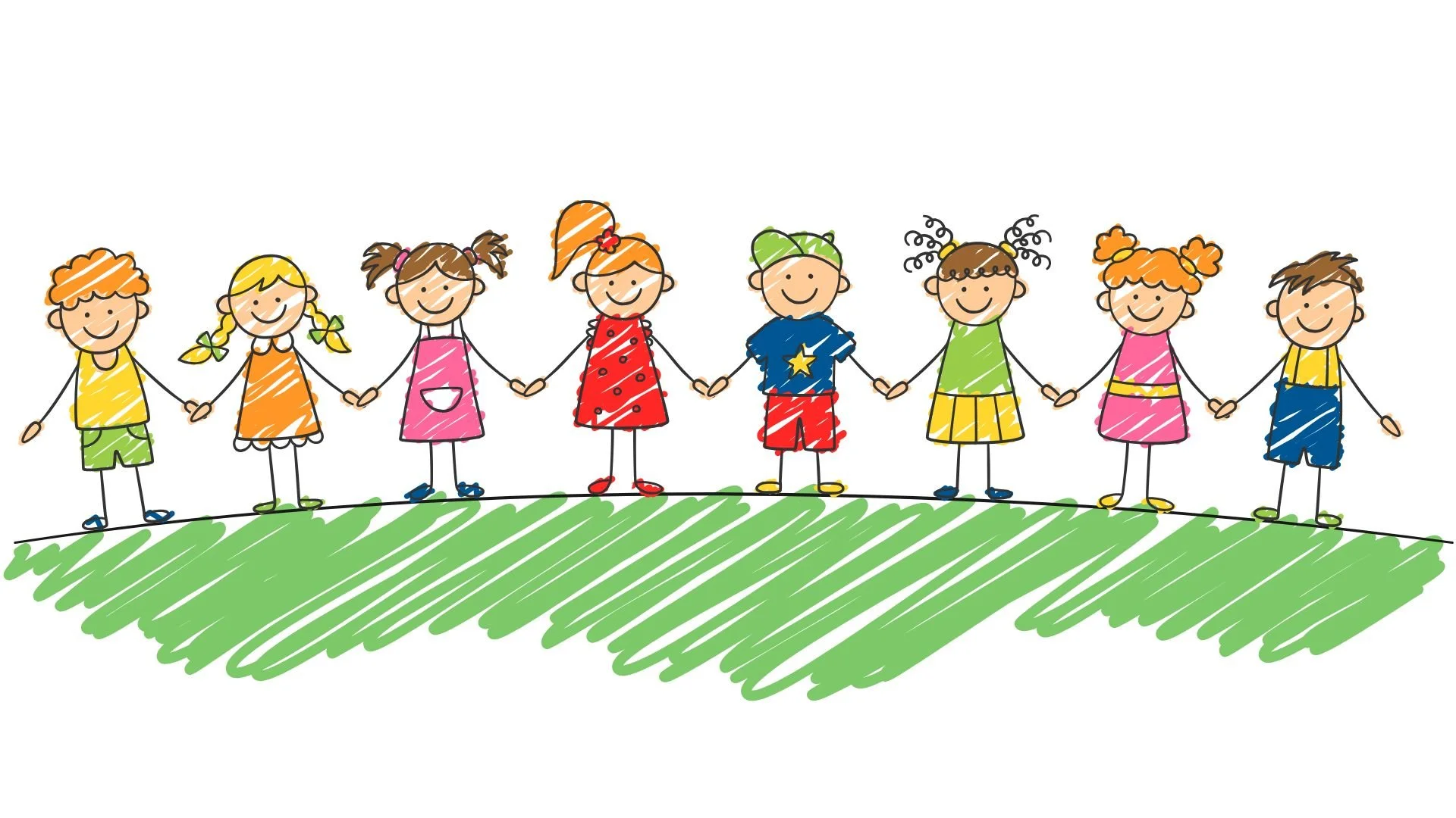 Drawn illustration of children holding hands, standing on grass, dressed in colorful clothes, smiling.