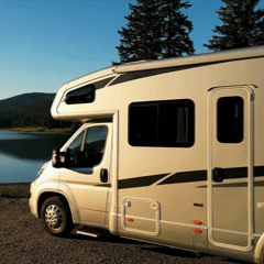 A beige motorhome parked near a lake with trees and mountains in the background.