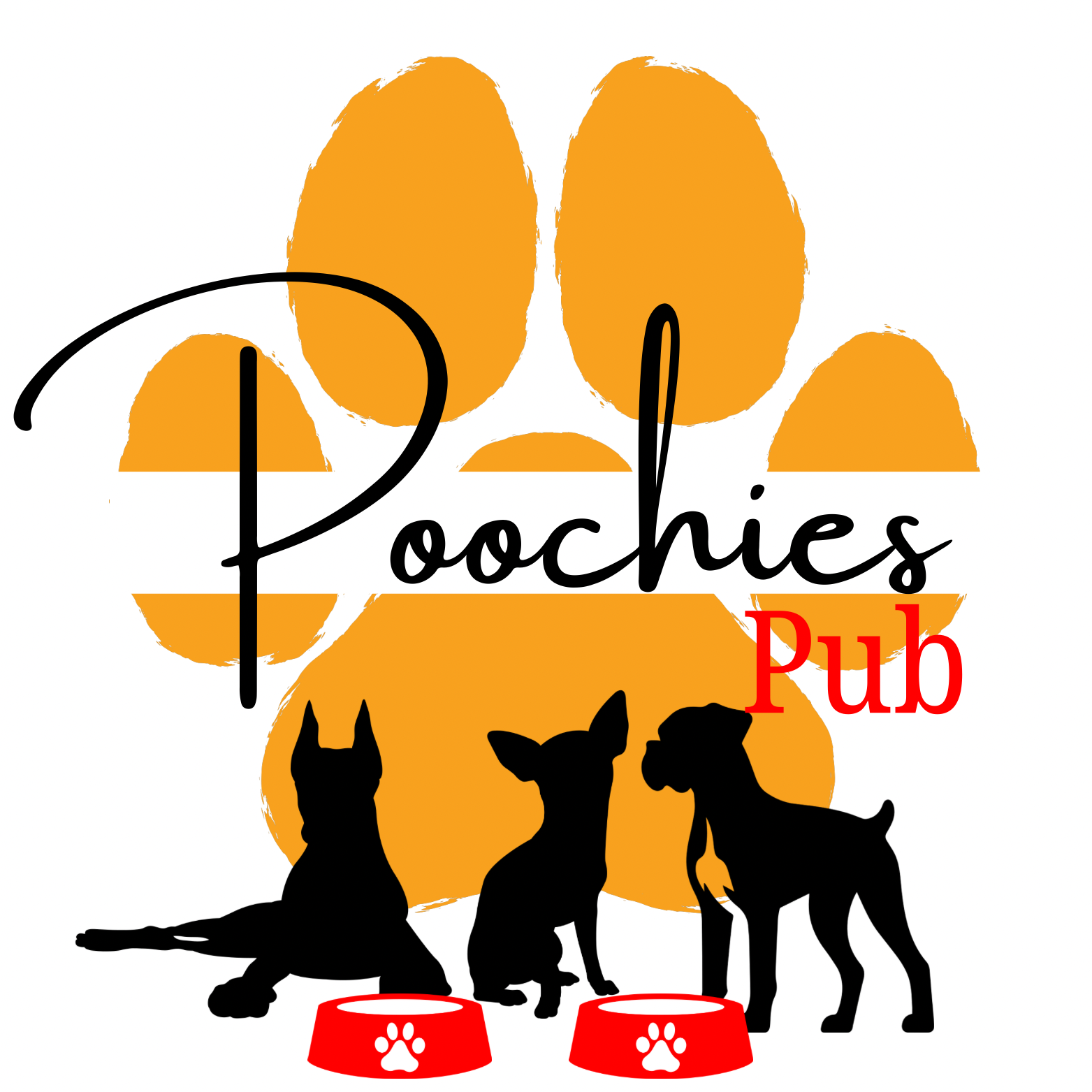 Logo for Poochies Pup with orange paw print background, black silhouettes of three dogs, and red dog bowls with paw prints.