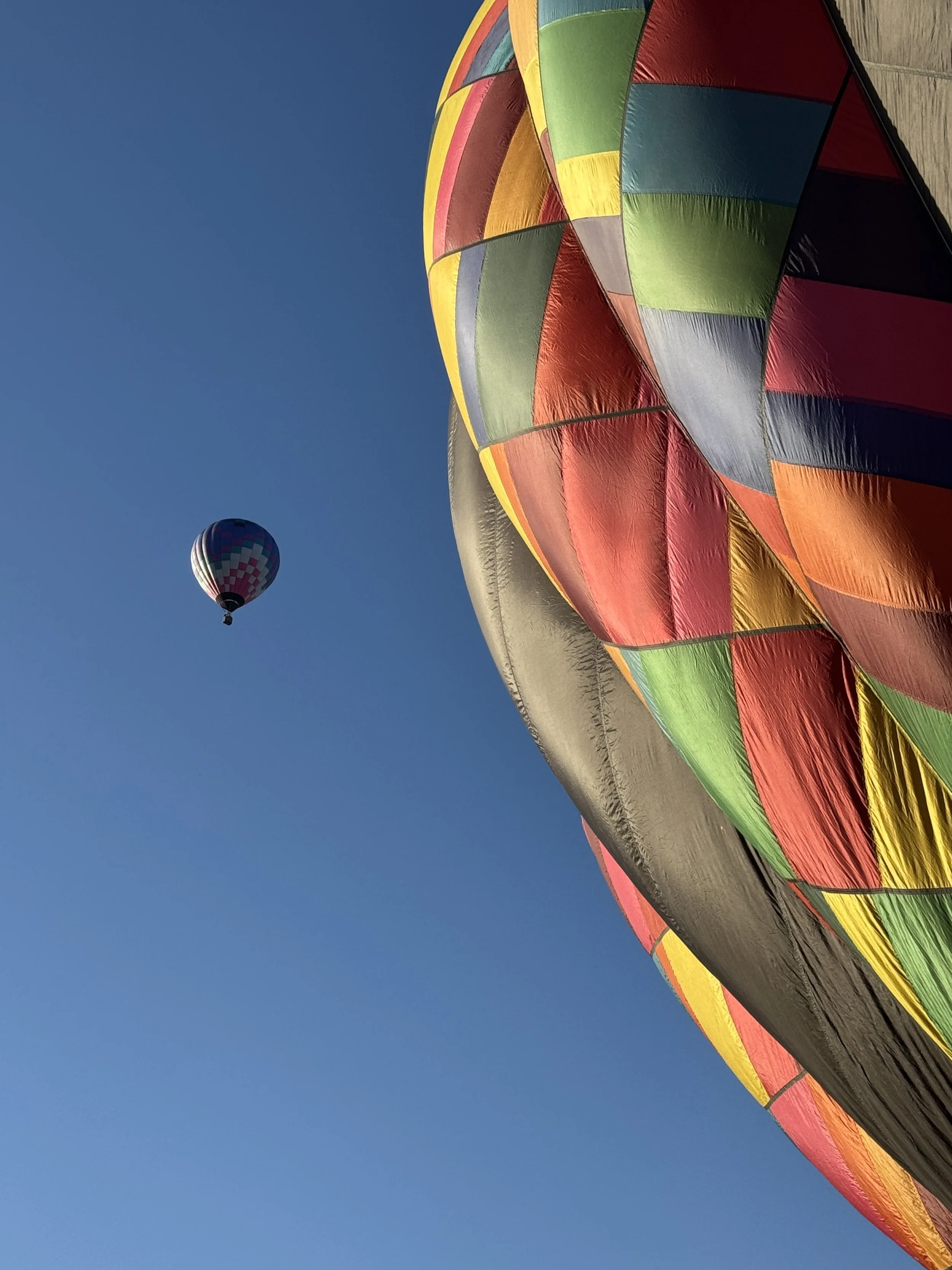 Colorful hot air balloons in flight against a clear blue sky.
