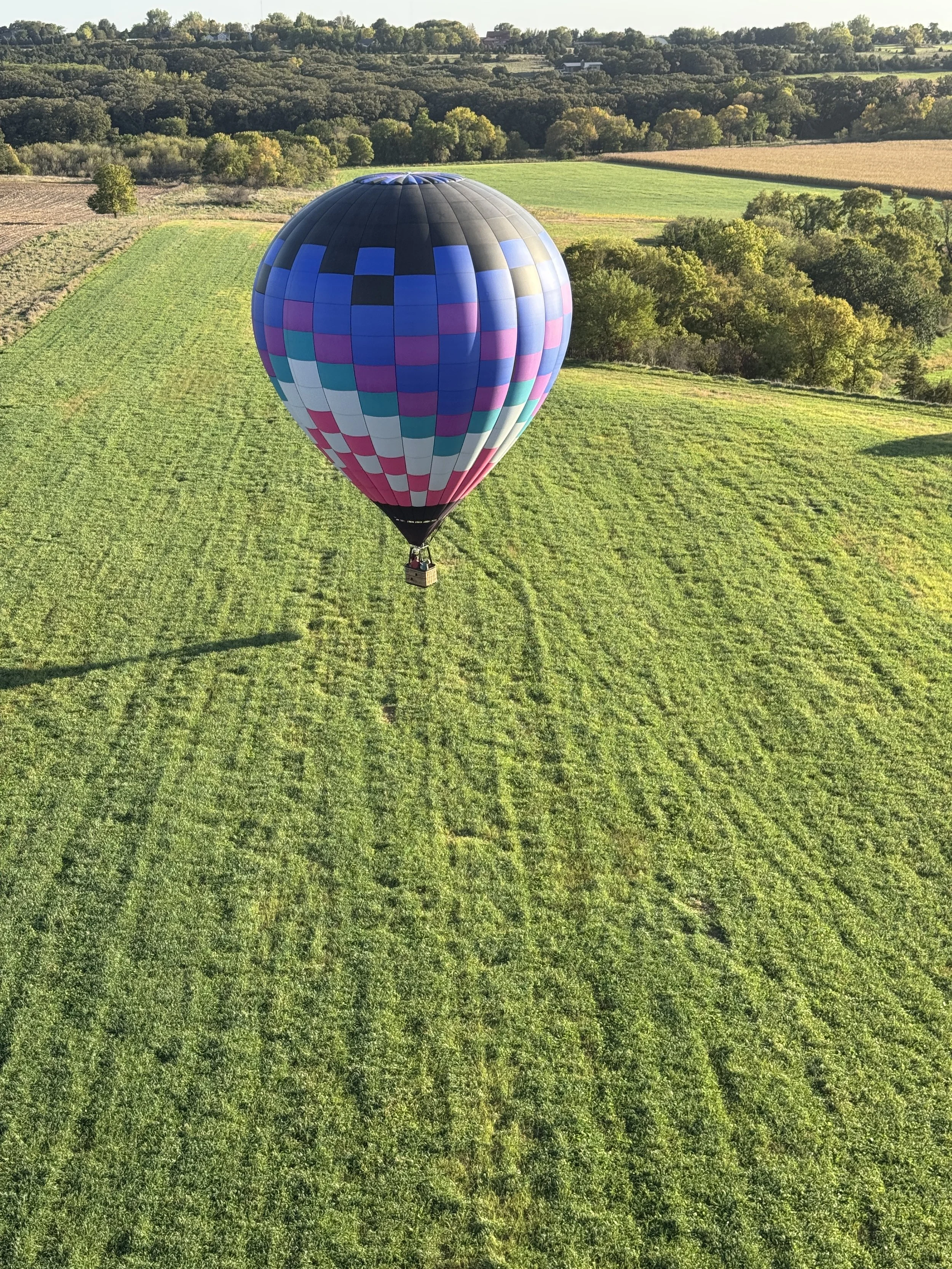A colorful hot air balloon flying over a lush green field with trees in the background.