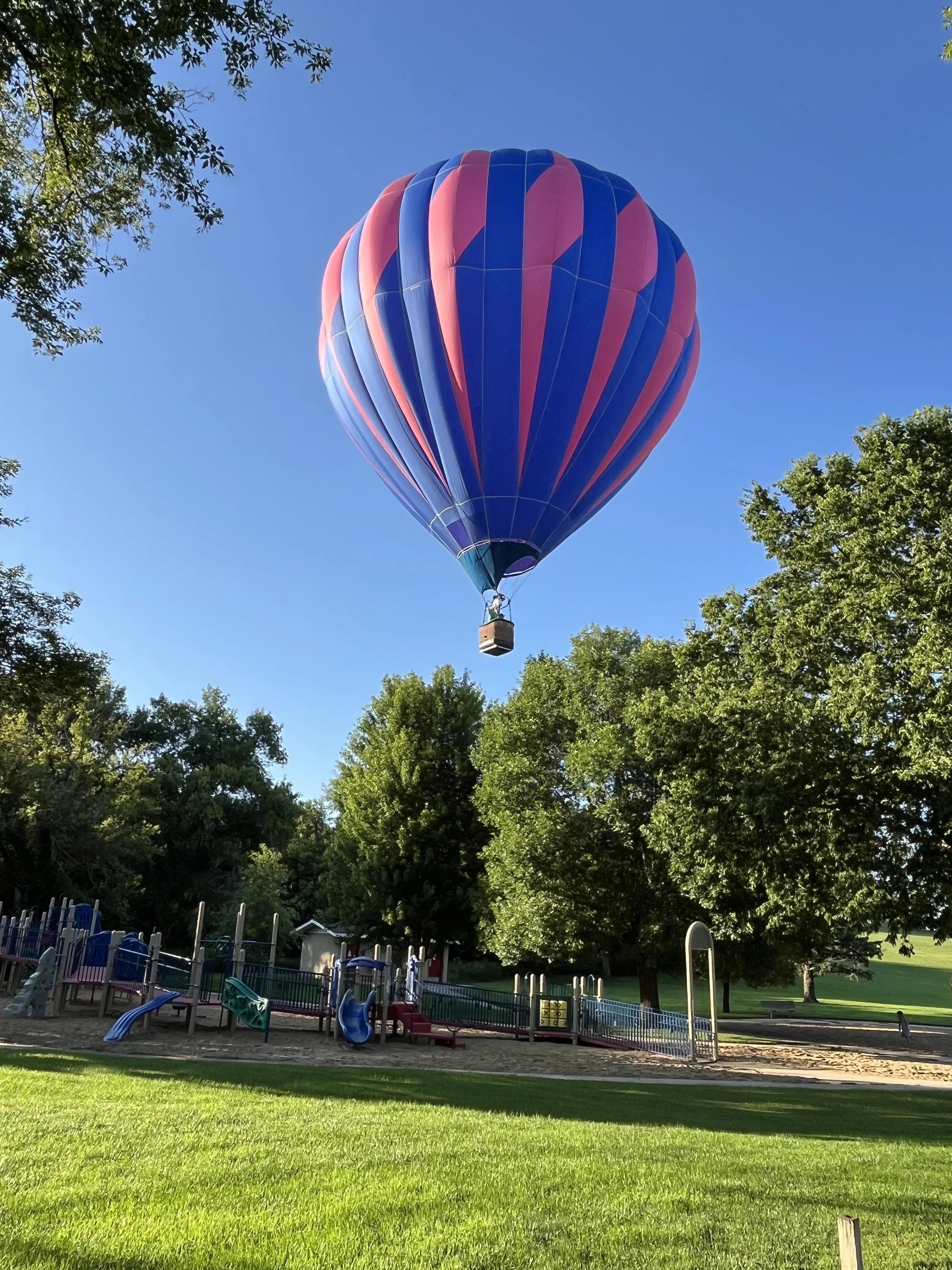 A colorful hot air balloon, mainly blue and pink, floating above a park with playground equipment and trees.