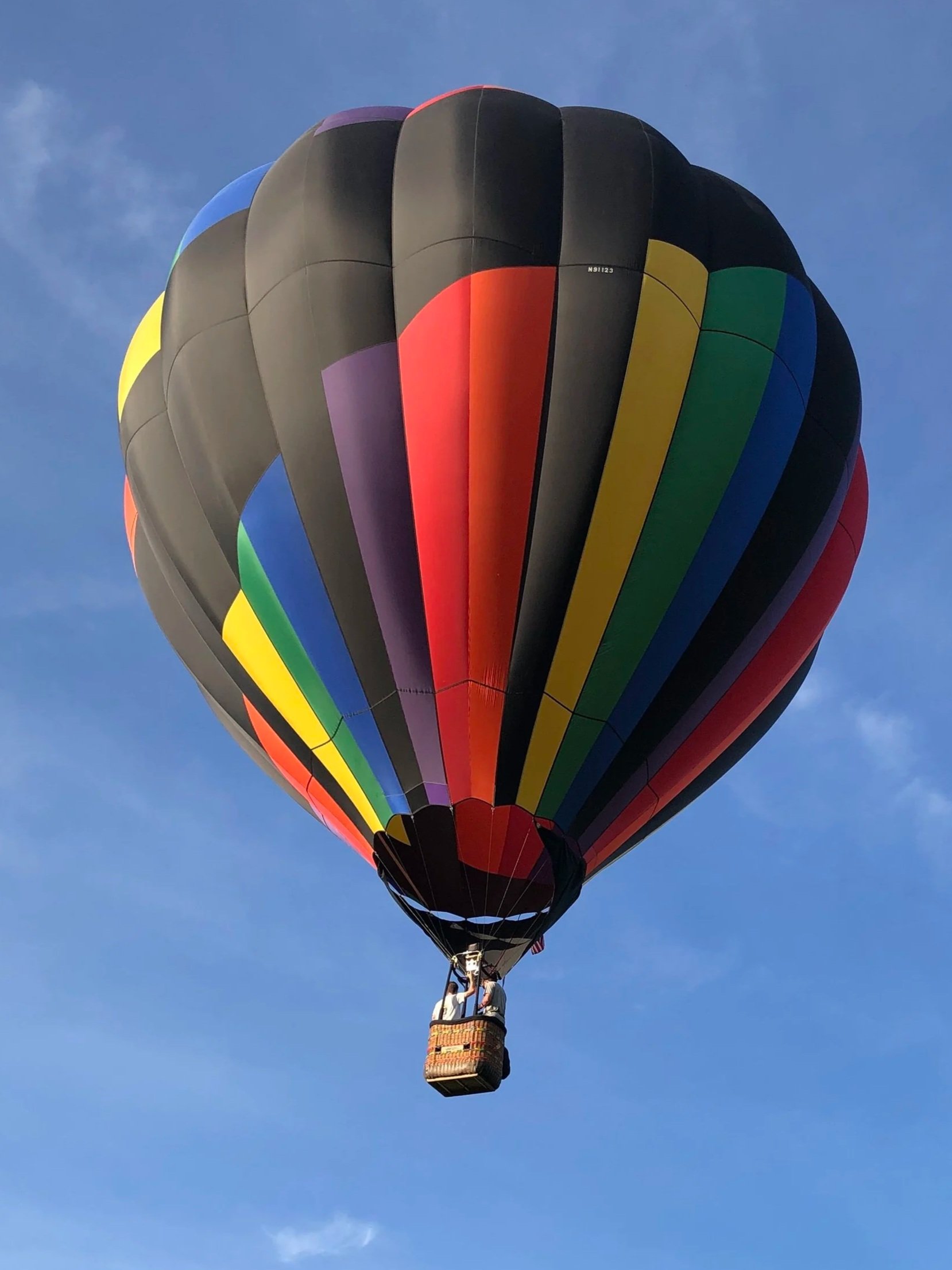 Colorful hot air balloon with black, red, yellow, green, blue, purple, and orange panels floating in a clear blue sky.