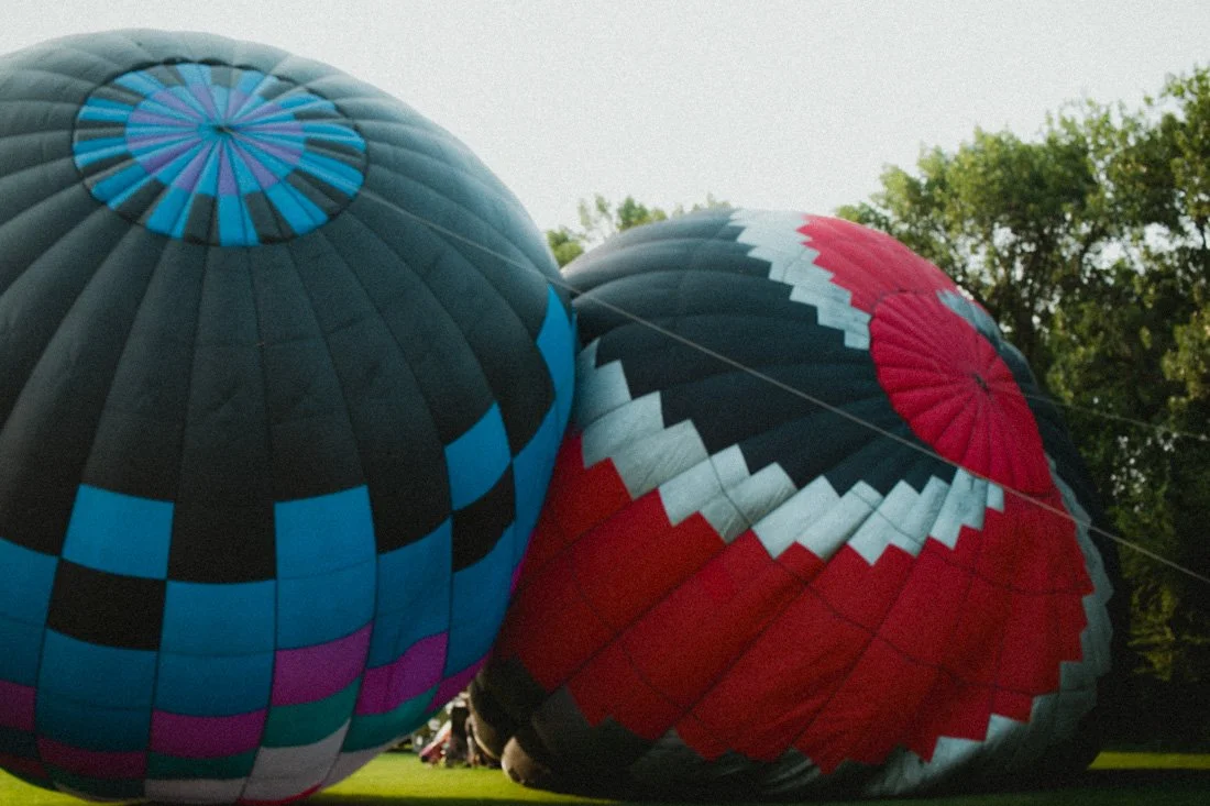Two large hot air balloons on the ground, one with a blue and black pattern and the other with a red, white, and black pattern, with trees in the background.