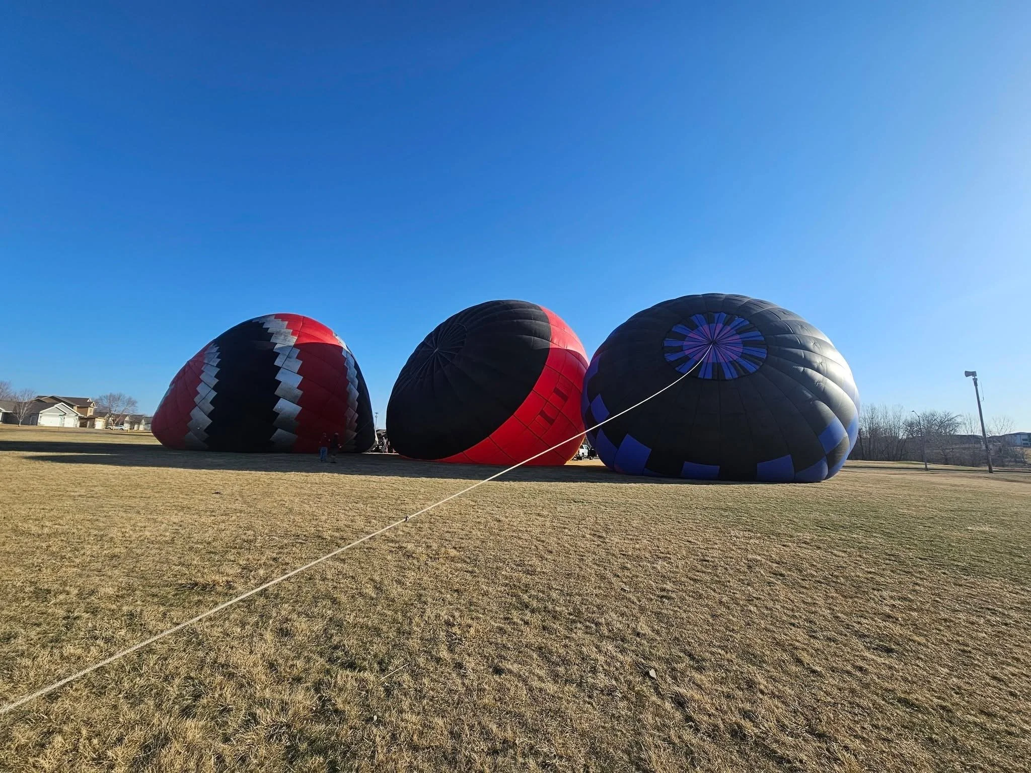 Three hot air balloons on the ground in a field with houses in the background, the balloons are deflated and ready to be inflated, under a clear blue sky.