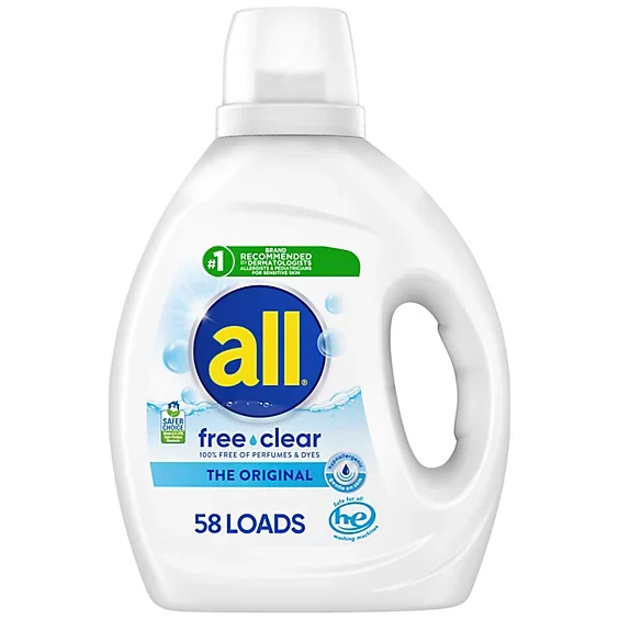 A white bottle of All Free & Clear laundry detergent with a handle, label indicating it's free of perfumes and dyes, suitable for 58 loads, and features the All logo in blue and yellow.