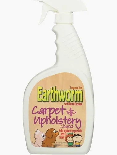 A white spray bottle of Earthworm Carpet & Upholstery Cleaner with a trigger spray nozzle, featuring a label with cartoon animals and children.