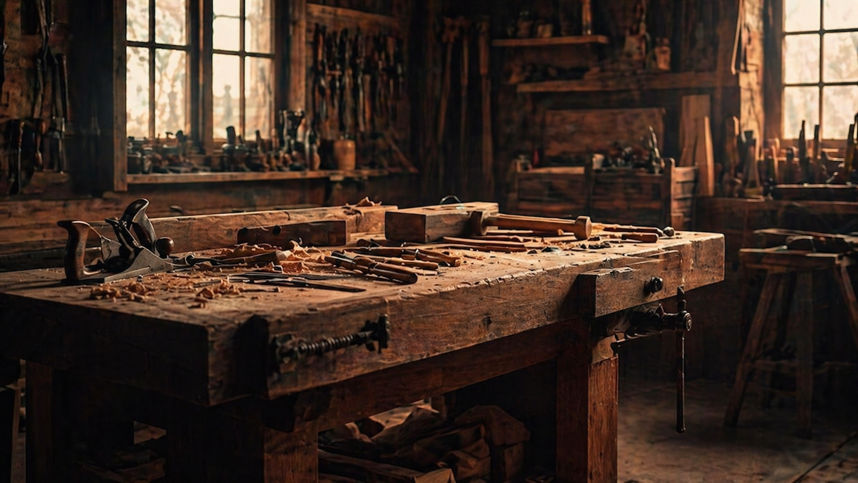 A woodworking workshop with a large workbench covered in woodworking tools and shavings, wooden cabinets filled with hand tools, and large windows allowing natural light inside.