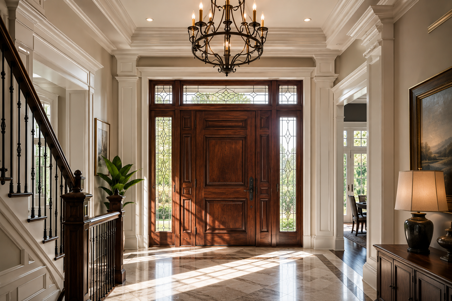 Elegant foyer with a wooden front door and stained glass side panels, chandelier overhead, marble flooring, and decorative molding.