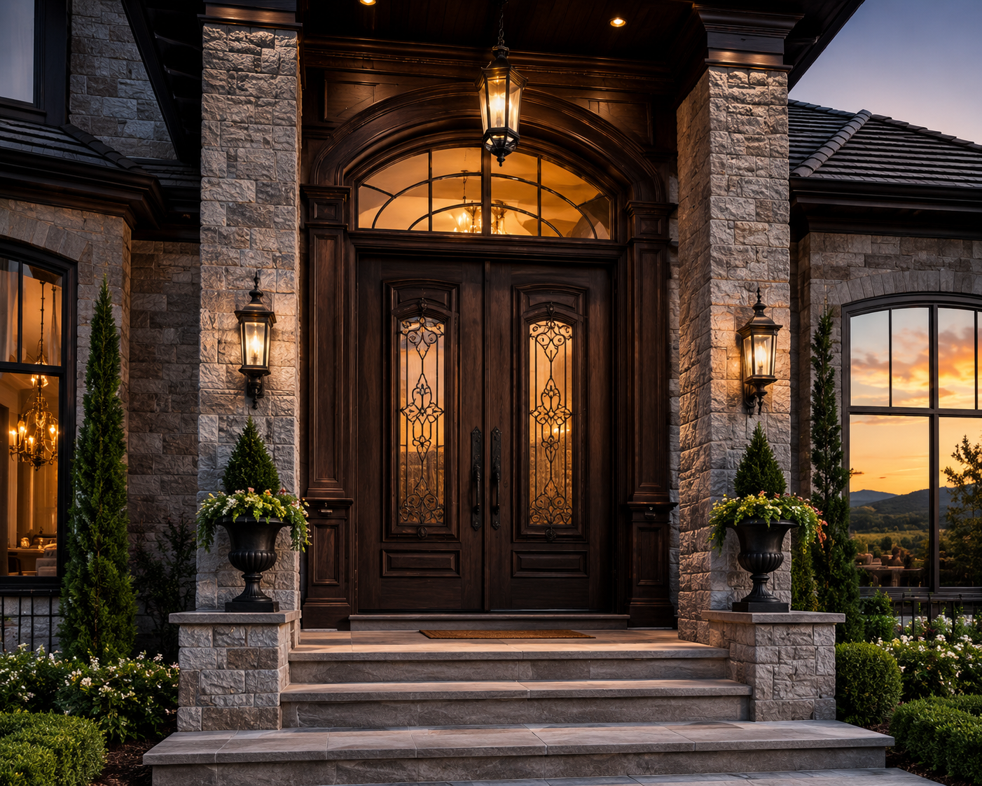 Front entrance of a large house with stone and wood exterior, double wooden doors with metal decorative grilles, lit by outdoor lanterns. Steps lead up to the door, flanked by potted plants and greenery, with sunset in the background.