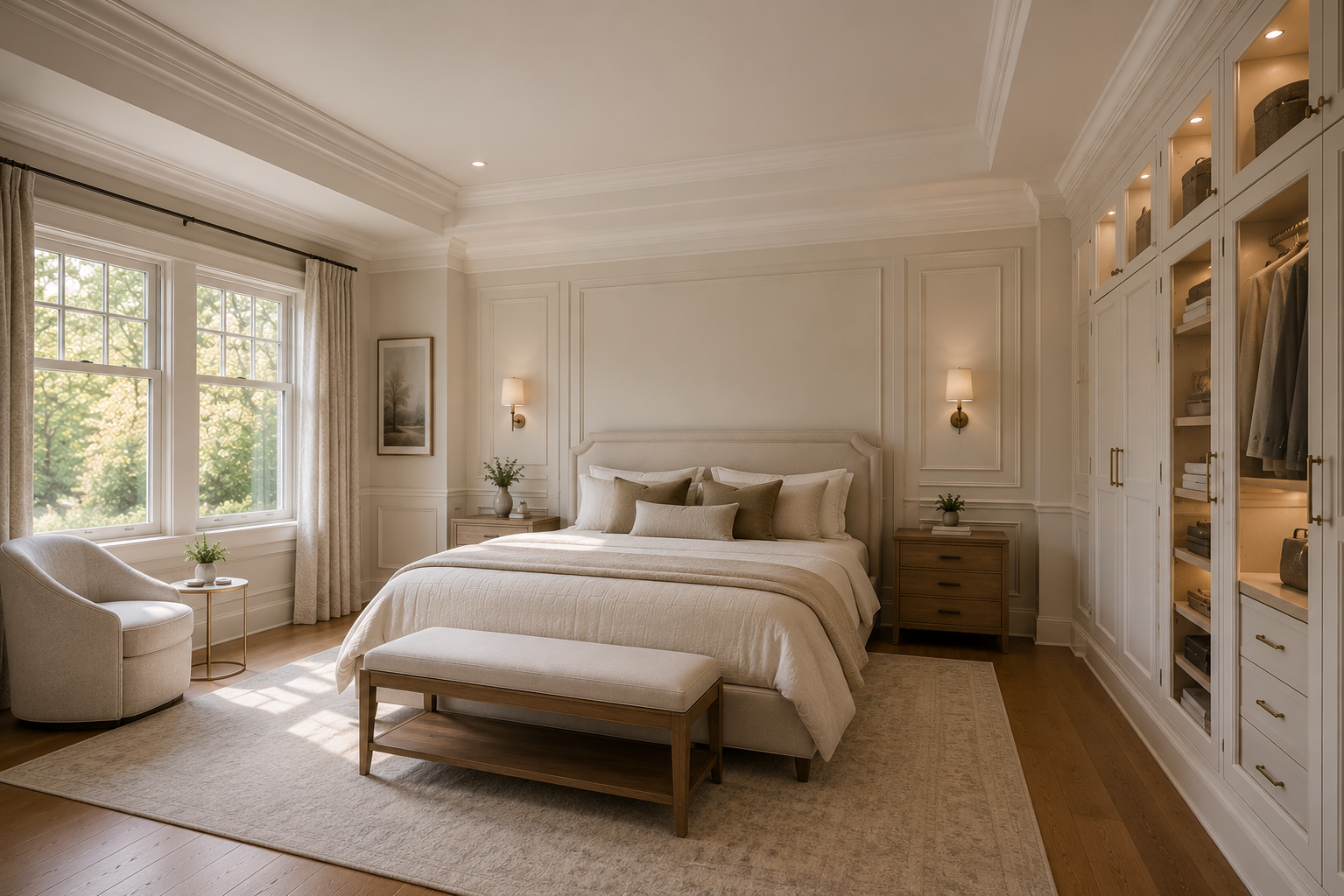 A bright, elegant bedroom with large windows, white walls, a bed with beige and white bedding, and built-in shelving with personal items.