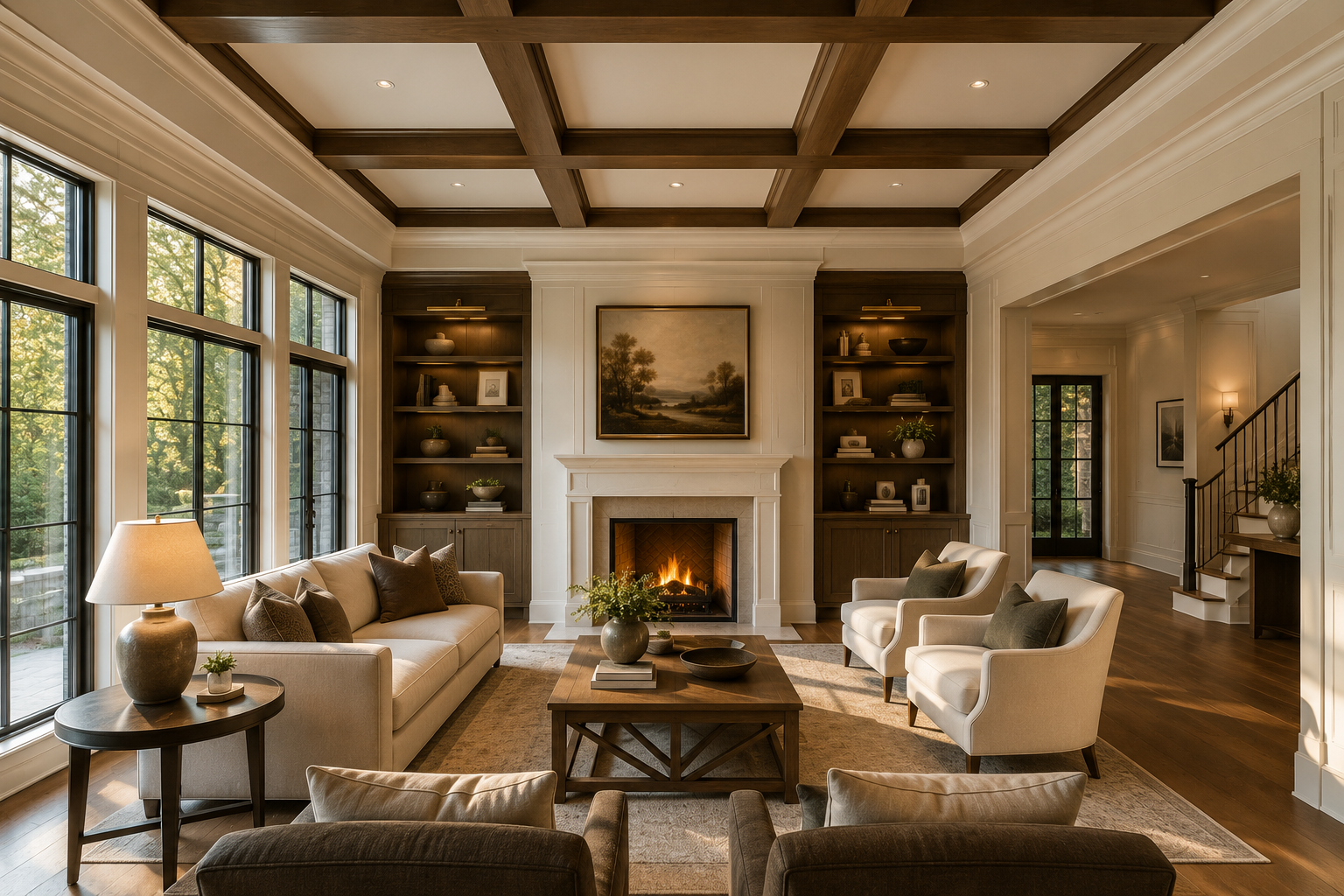 Living room with a white sofa, two white armchairs, wooden coffee table, fireplace, built-in bookshelves, and large windows