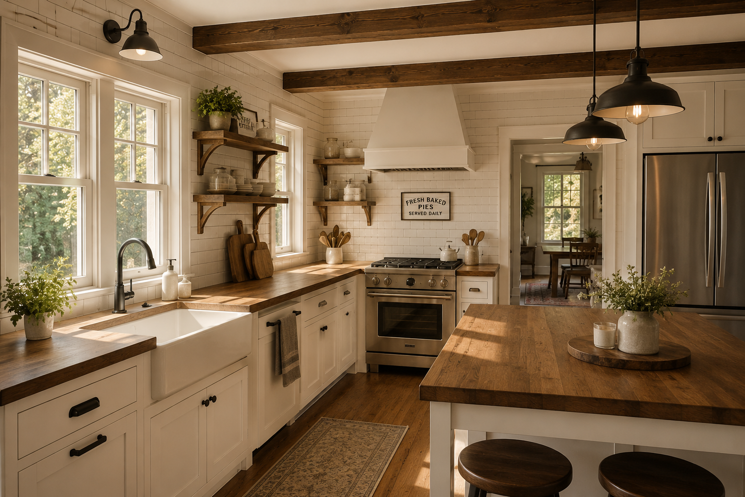A cozy kitchen with white cabinets, wooden countertops, and a farmhouse sink under two large windows. Open wooden shelves hold jars and dishes. A white range hood and a stainless steel oven are against the wall with a sign that reads 'FRESH BAKED PIE