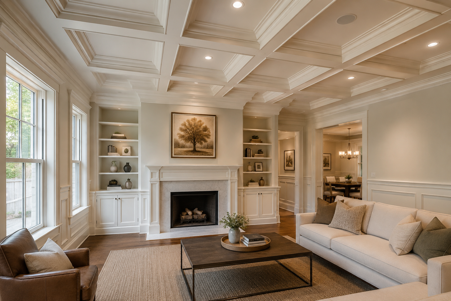Living room with white walls, coffered ceiling, large windows, fireplace, built-in shelves with decor, light-colored sofa, a brown leather chair, and a dark wooden coffee table with a vase of flowers and books.