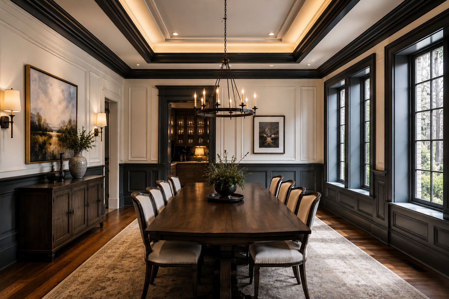 Elegant dining room with a wooden table, upholstered chairs, large windows, and a chandelier.