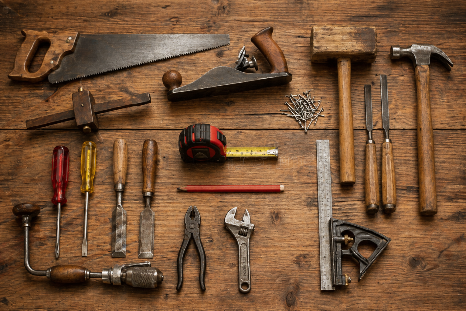 A collection of various hand tools on a wooden surface, including saws, hammers, screwdrivers, a tape measure, pliers, a square, and nails.