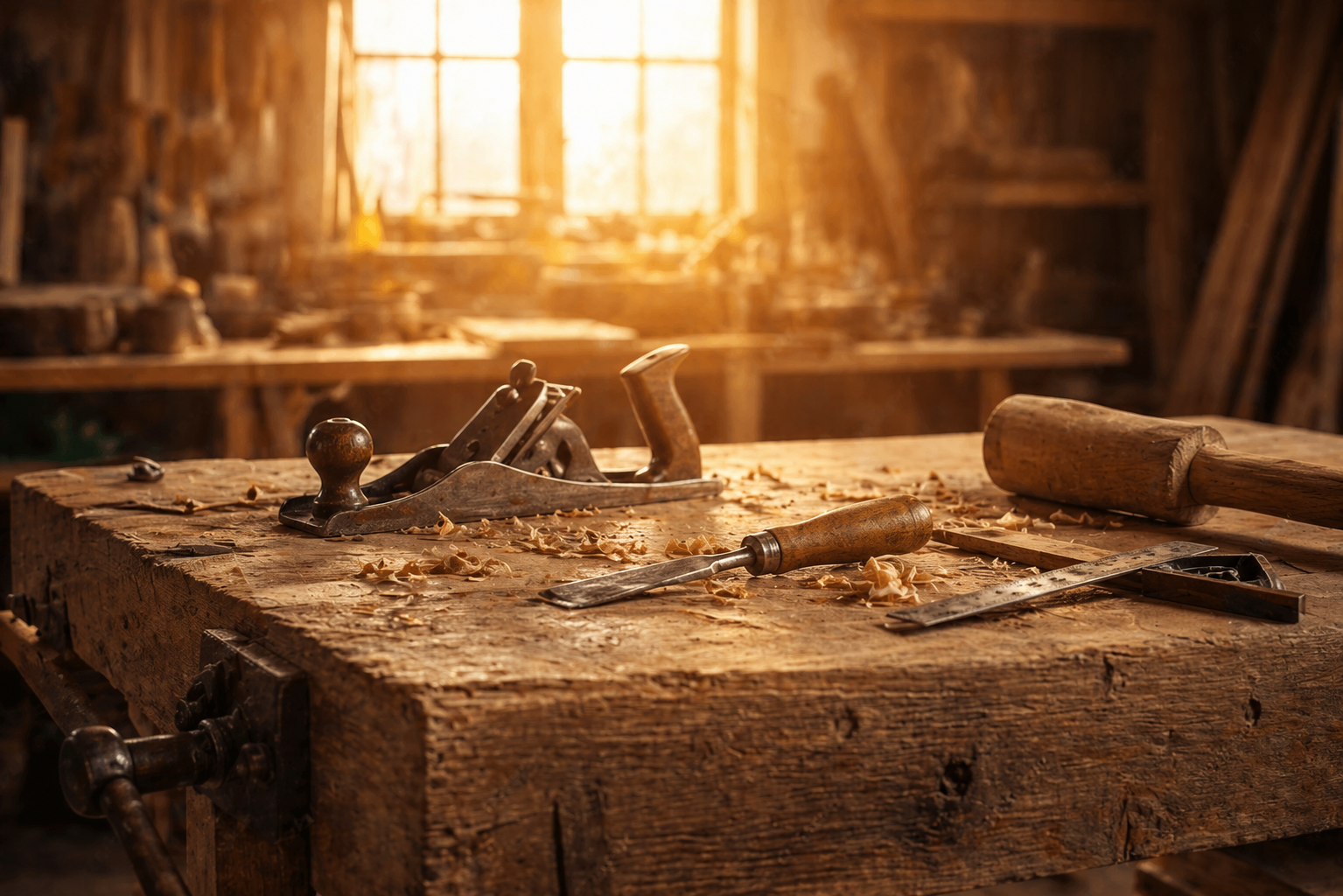 A woodworking workshop with a wooden workbench, tools including a hand plane, chisel, wooden hammer, and carving knife, all surrounded by wood shavings, illuminated by natural sunlight through a window.