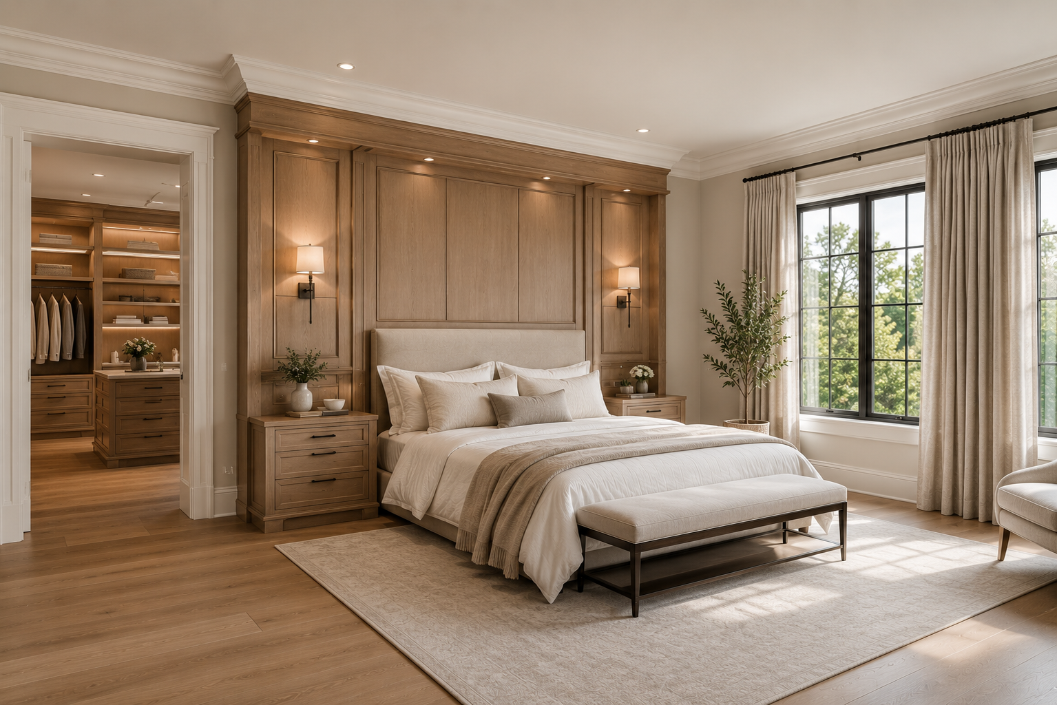 A spacious bedroom with a large bed, beige bedding, and multiple pillows. Wooden nightstands with lamps on each side, a bench at the foot of the bed, and a large window with curtains overlooking trees. An open walk-in closet with shelving and hanging