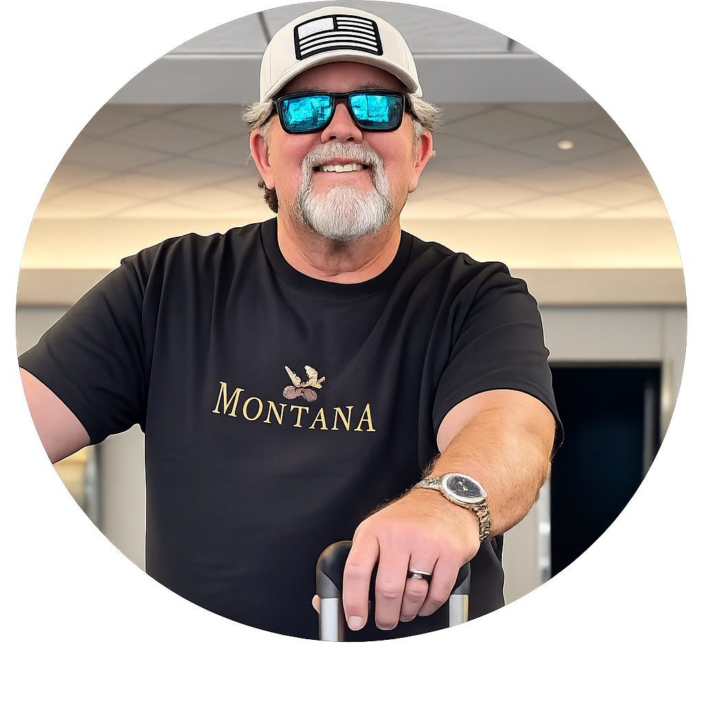 A smiling man with a beard and sunglasses wearing a Montana t-shirt, a beige hat with an American flag patch, and a watch, standing with a luggage cart in an indoor setting.