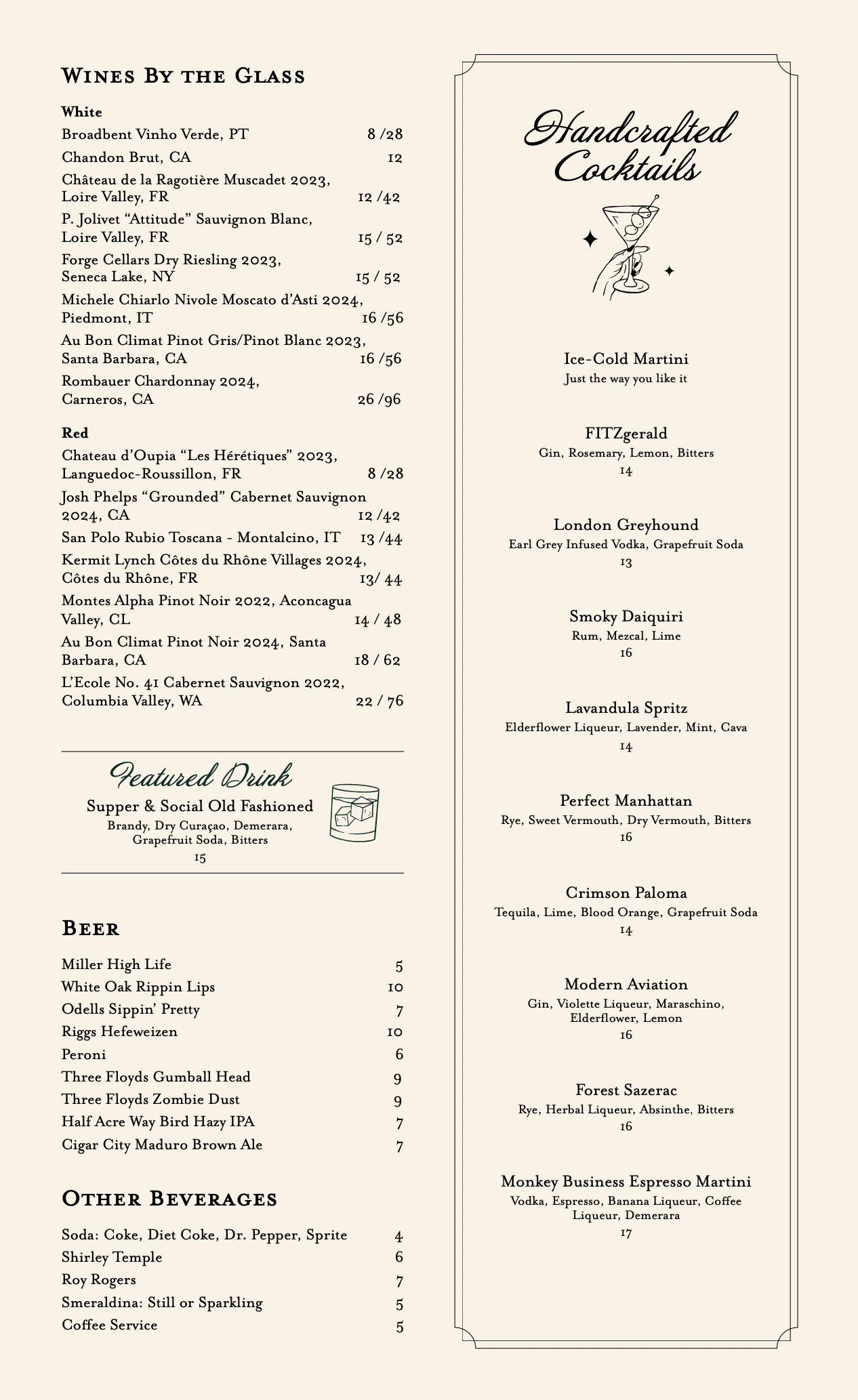 A menu featuring wines by the glass, a section for featured drinks, beers, other beverages, and a list of handcrafted cocktails with ingredients and prices. The cocktails include drinks like Ice-Cold Martini, London Greyhound, Smoky Daiquiri, Lavandula Spritz, Perfect Manhattan, Crimson Paloma, Modern Aviation, Forest Sazerac, and Monkey Business Espresso Martini.