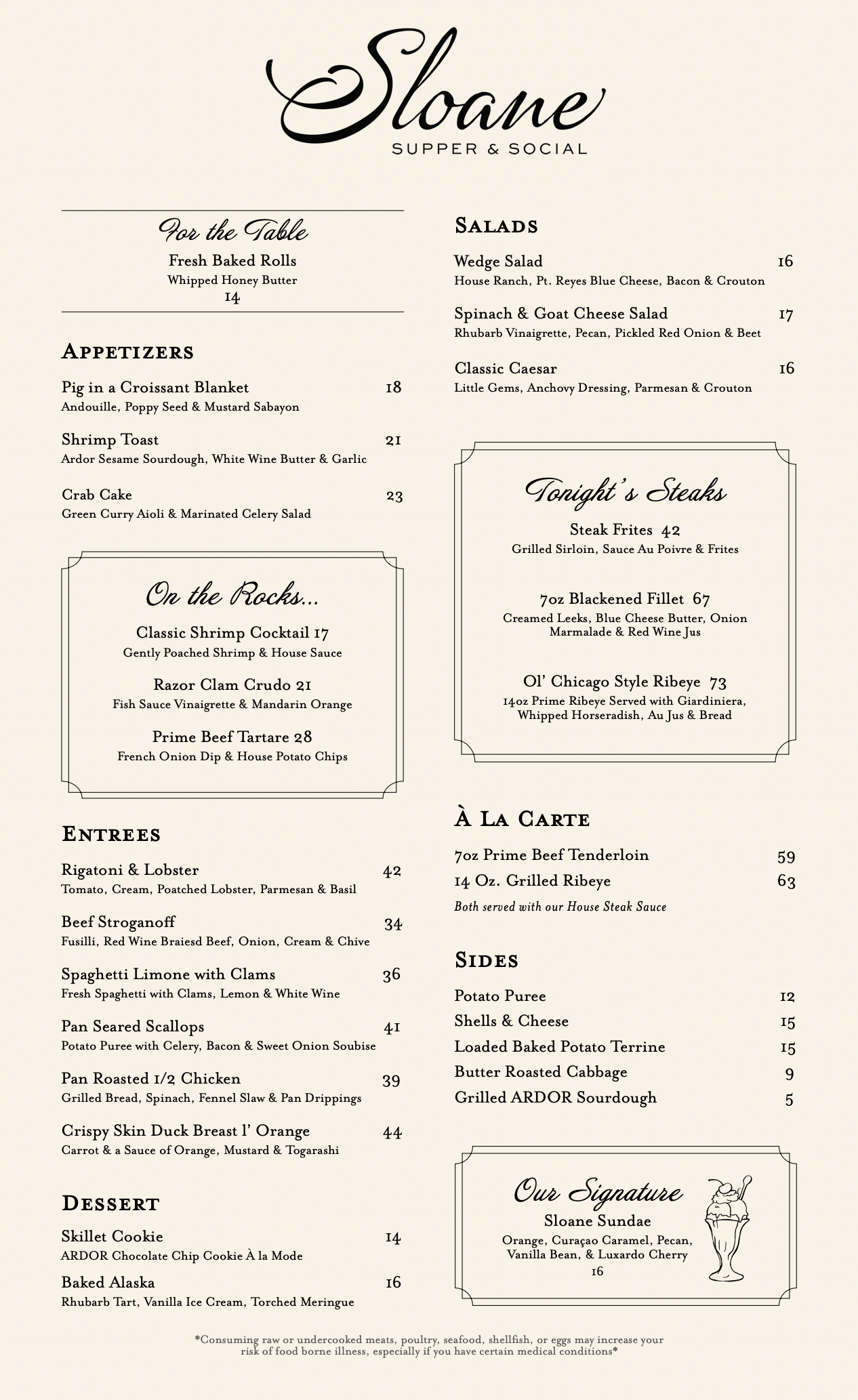 Sloane Supper & Social restaurant menu featuring sections for appetizers, salads, steaks, entrees, sides, desserts, and signature dishes.