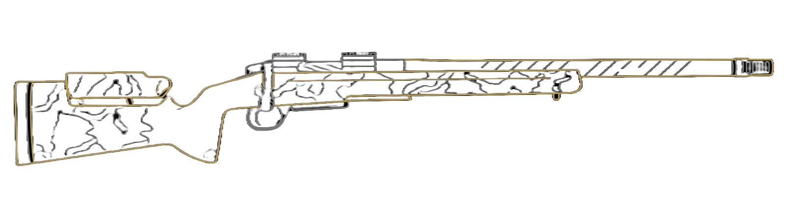 A technical drawing of a precision rifle in cross-section, showing internal components and mechanisms.