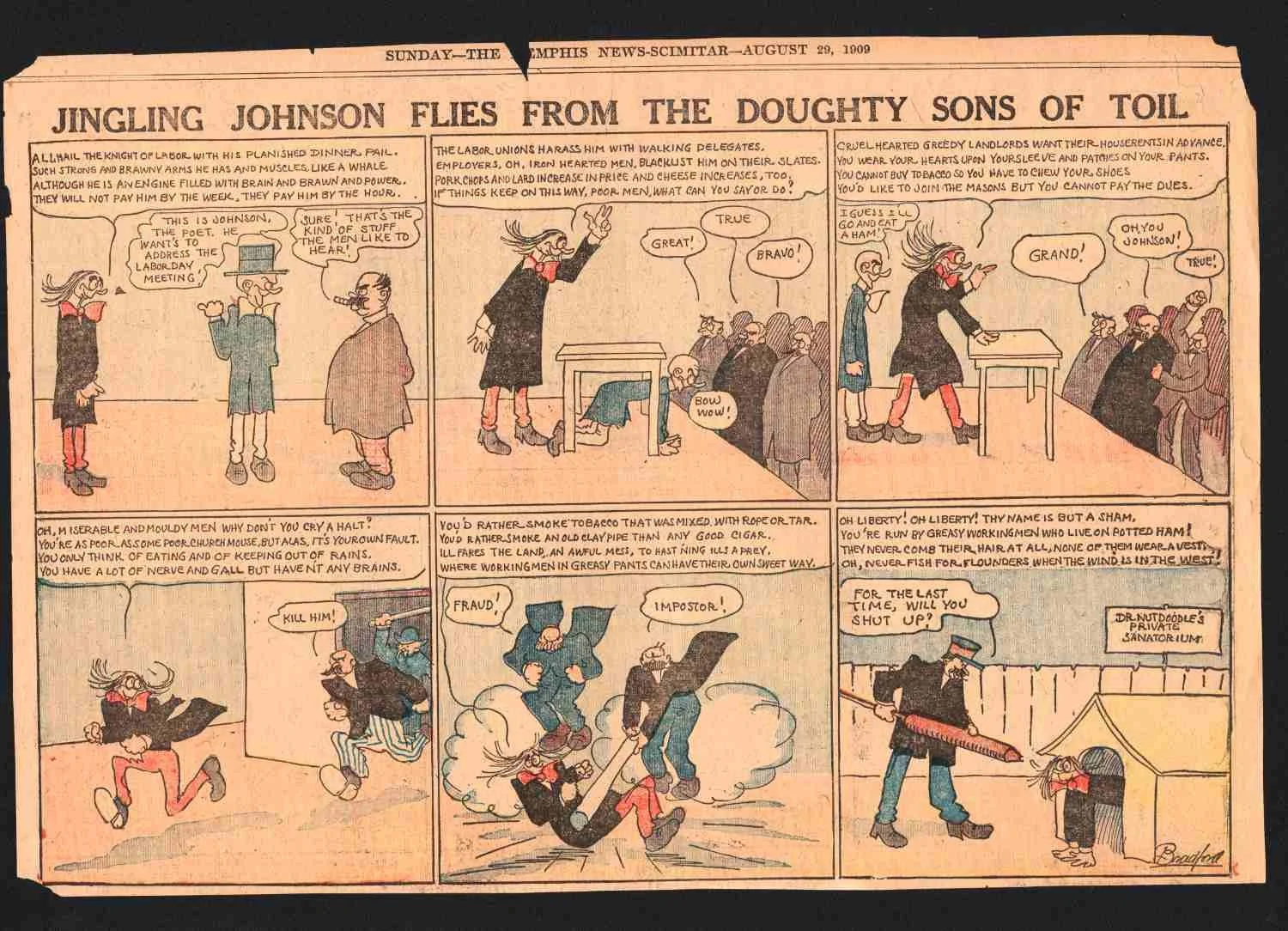 1909 Labor Union Comic Strip with Demented Poet Jingling Johnson