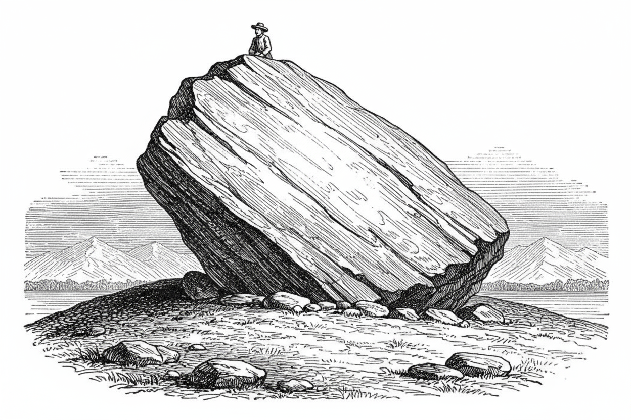 A person sitting on top of a large, tilted rock with mountains in the background.