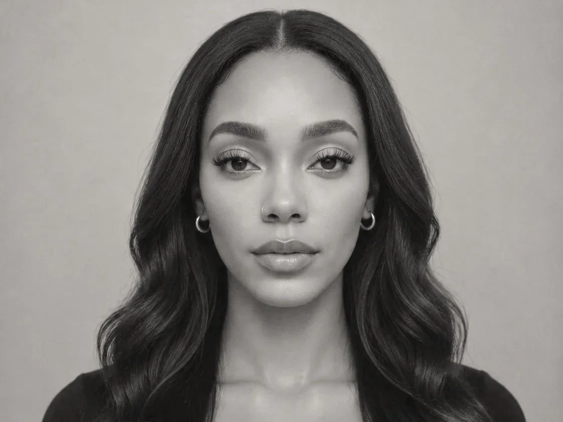A black and white portrait of a young woman with long wavy hair, hoop earrings, and a nose ring, looking directly at the camera.